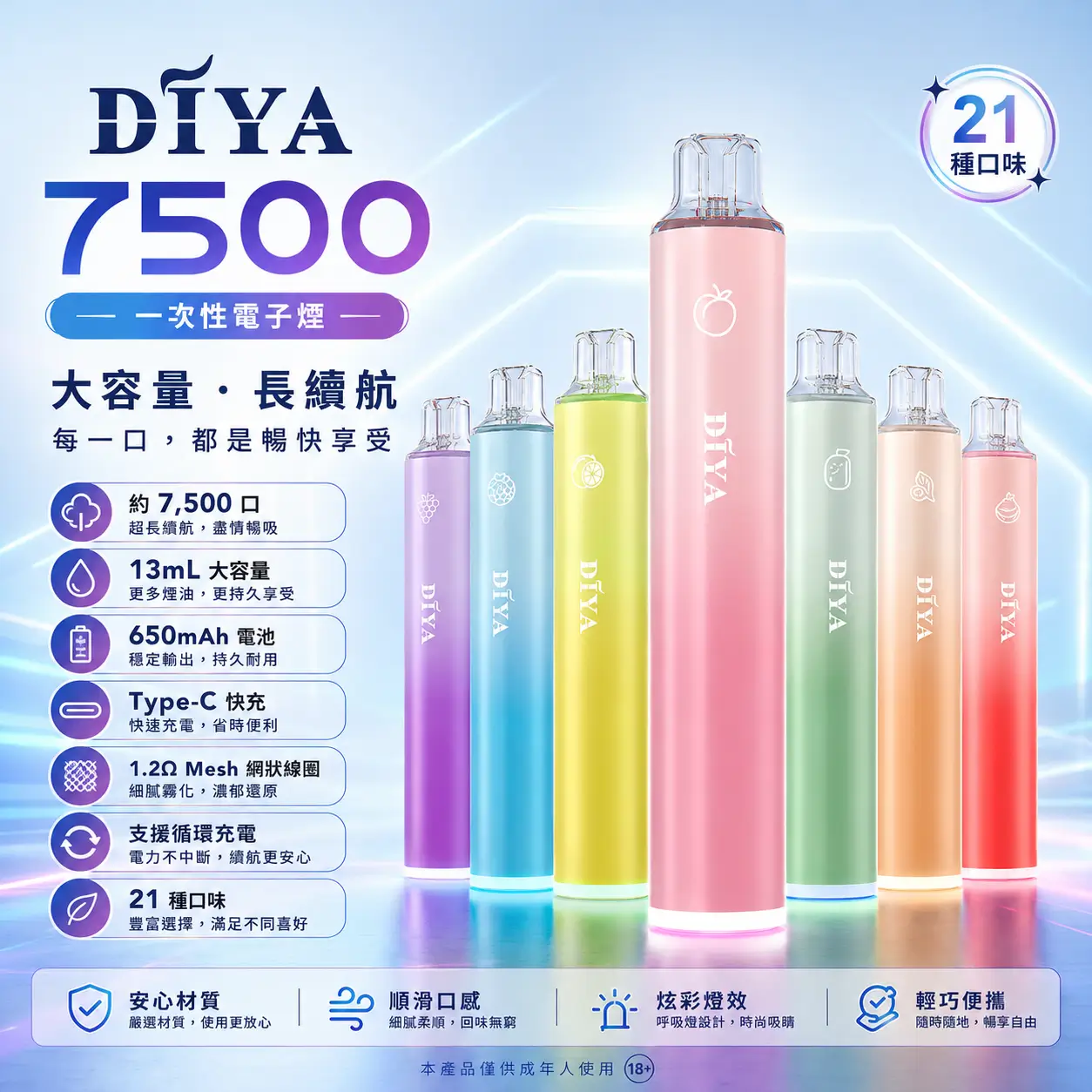DIYA 7500 Puffs｜3%濃度｜21款口味